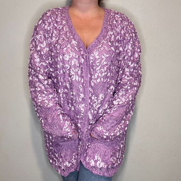 American Vintage Tops - Vintage Lavender Ellim USA Women's Jacket Embroidered‎ Beaded Long Sleeve Lace